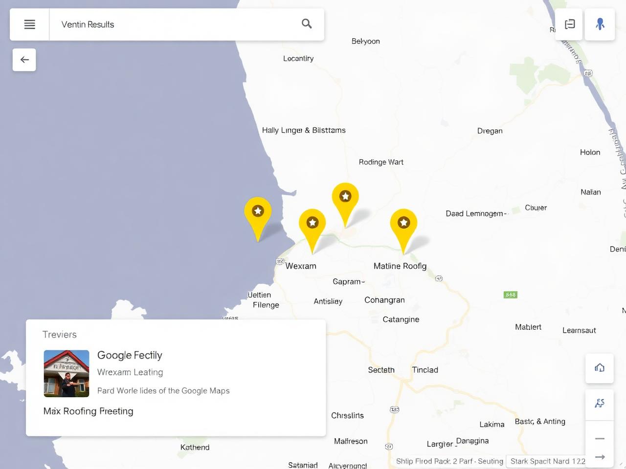 Google Maps showing top 3 roofing businesses in Wrexham